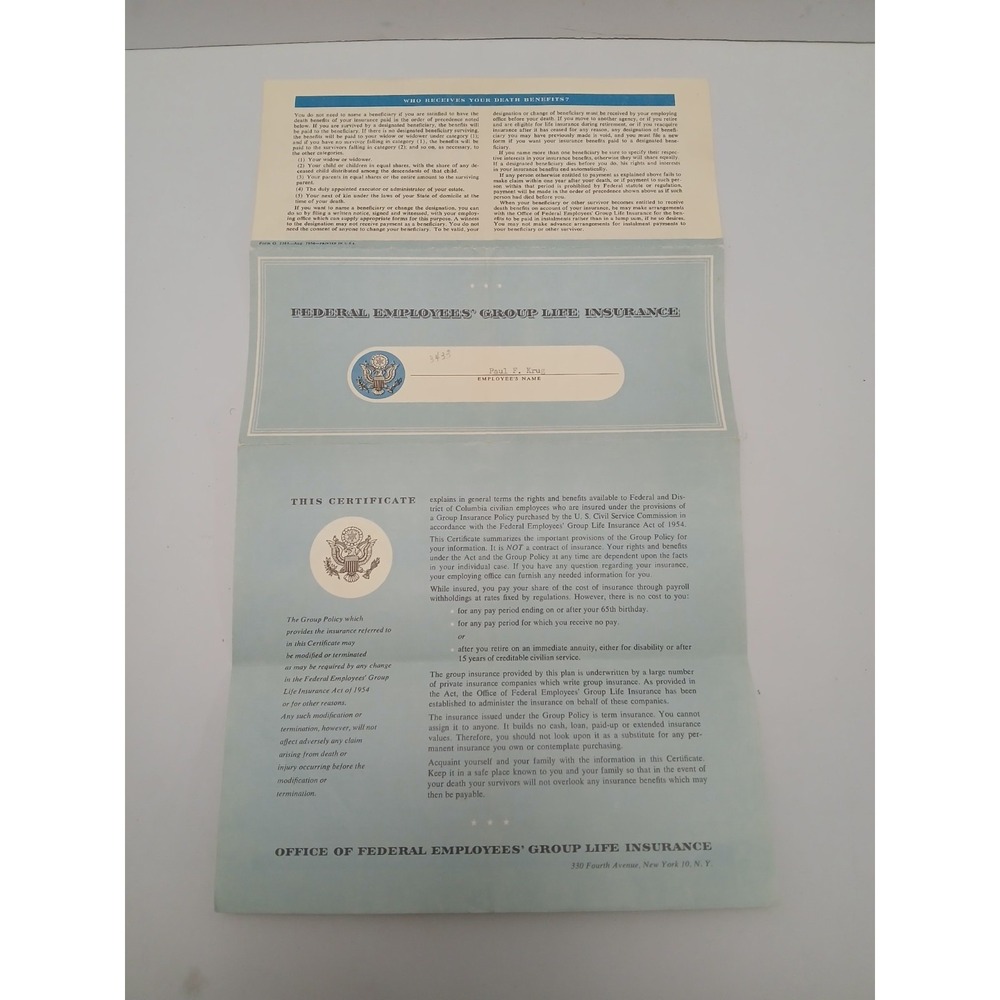 RARE 1954‎ First Year FEGLI Certificate U.S. Federal Government Group Life Ins.